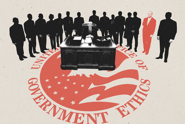 Collage of U.S. President Donald Trump sitting in the Oval Office. He is surrounded by unidentifiable silhouetted people except for Eric Ueland, the temporary head of the Office of Government Ethics.