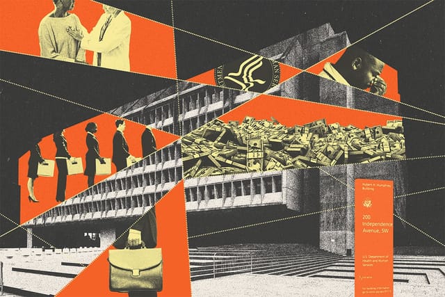 Collage of the HHS building with cuts and shapes containing images of a doctor and a patient, the HHS logo, a frustrated person, money, a person holding a briefcase, and lined up employees holding boxes.