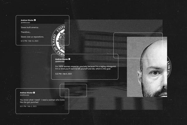 A black and white collage shows clippings of Andrew Kloster, the Office of Personnel Management logo and building, and Kloster's tweets.