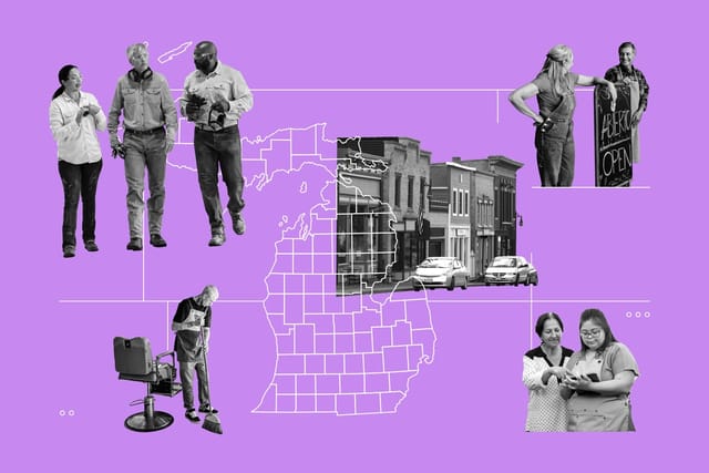 Collage of a Michigan county map, a row of small businesses on a street, a barber sweeping, three industrial workers walking and talking, two employees working on a tablet, and two workers standing next to a sign that reads: Abierto / Open.