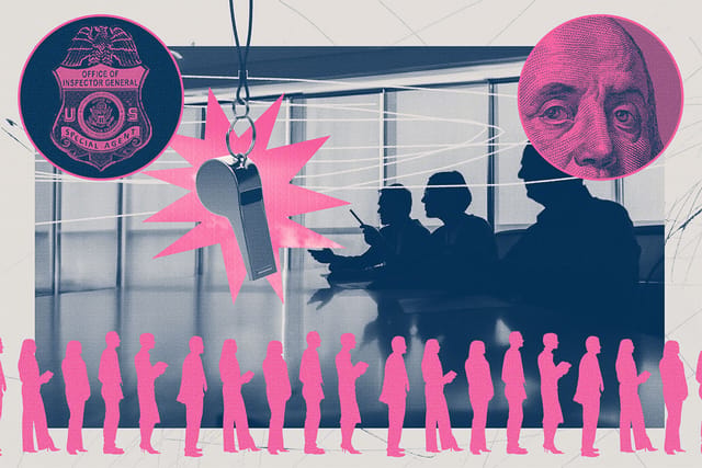 Collage of a hundred dollar bill, a queue of employees, and a shadowy group of executives pointing at a whistle.