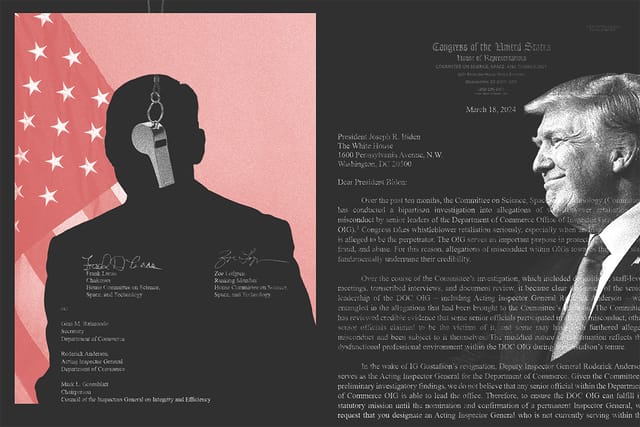 Collage of a silhouette of Roderick Anderson, a whistle, President Trump, and a letter to President Biden.