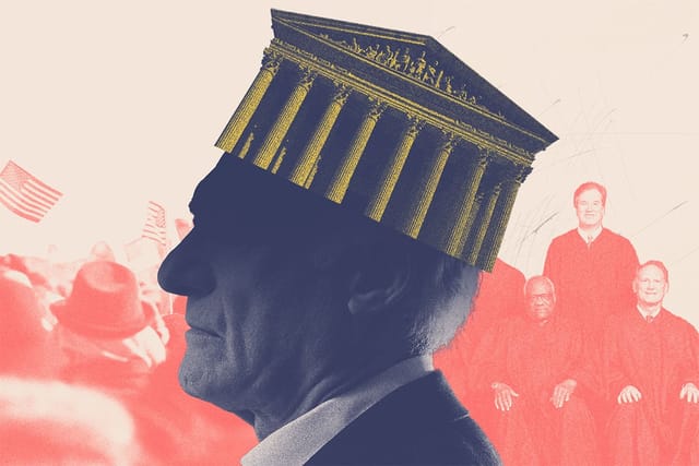 Collage of a man in a suit wearing the Supreme Court building as a crown, Supreme Court Justices, and a crowd waving U.S. flags.