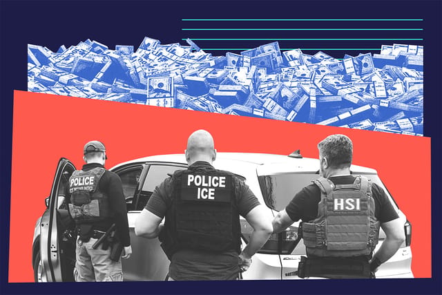 Collage of a pile of banded U.S. dollar bills and Immigrations and Customs Enforcement agents surrounding a car.