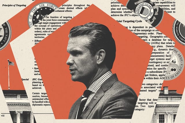 Collage of Secretary of Defense Pete Hegseth, the White House, clippings of the Joint Targeting Cycle document, and the Army, Navy, Air Force, Coast Guard, and Marine Corps logos.