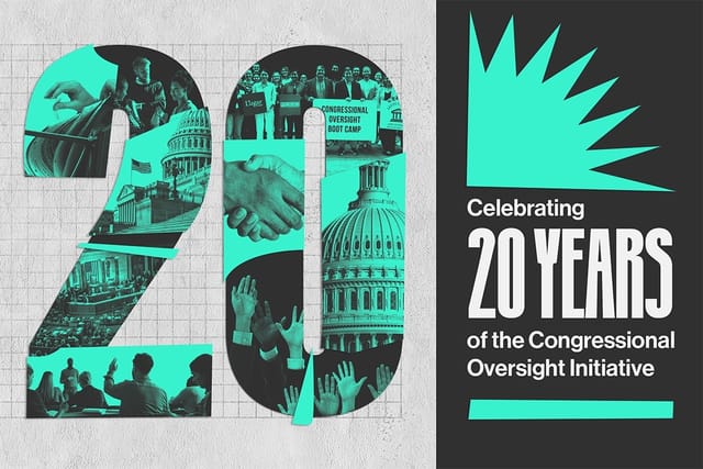 Collage of photos related to Congress within a big "20". Text: Celebrating 20 years of the Congressional Oversight Initiative
