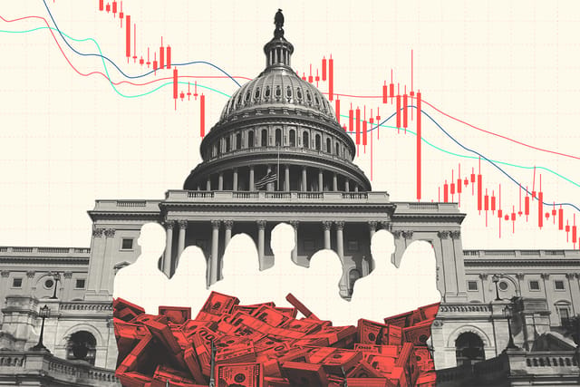 Collage of the Capitol building, stock trend lines, a group of people, and money.