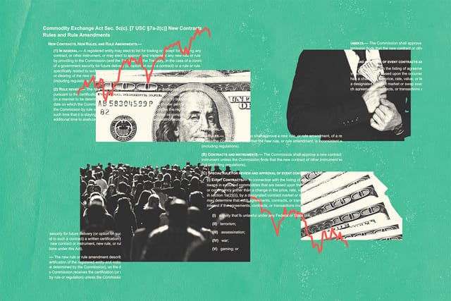 Collage of money, stock trend lines, a crowd, a person hiding money, and clippings of a document.