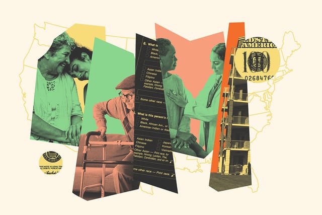 Collage of a man using a walker, a doctor and patient, a grandma and grand daughter hugging, an apartment building, money and the outline of the U.S. map.
