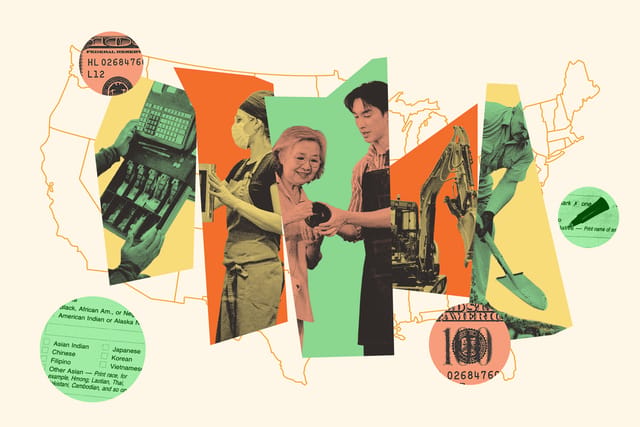 Collage of a cash register, a woman with a face mask, an older woman holding a bowl and a younger store staff assisting, a backhoe, a man shoveling, a question on the census, money, and the outline of the U.S. map.