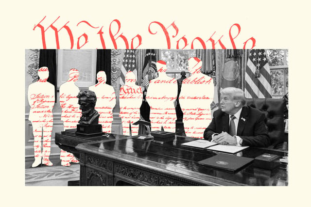 Photo collage. A greyscale photo shows President Trump sitting at the Resolute Desk in the Oval Office.  "We the People" text from the U.S. Constitution, behind the photo, is visible. Surrounding the desk are silhouettes of Trump's advisors, as if cut out from the photo; the text of the Constitution shows in the empty space of their silhouettes.