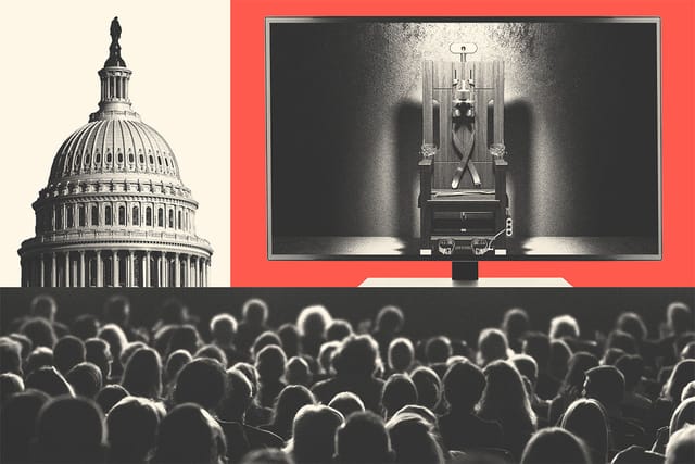 Collage of a crowd, the Capitol building, and a screen showing an electric chair.
