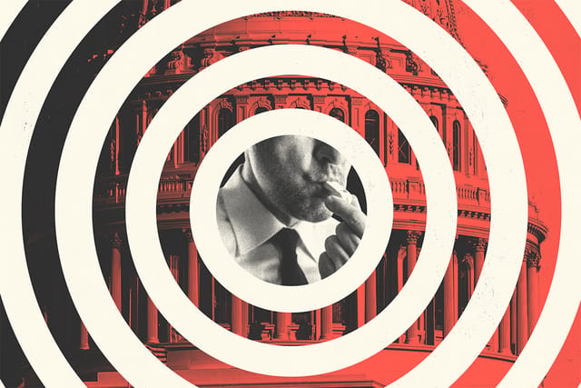 Collage of man blowing a whistle, the Capitol building, and concentric circles.