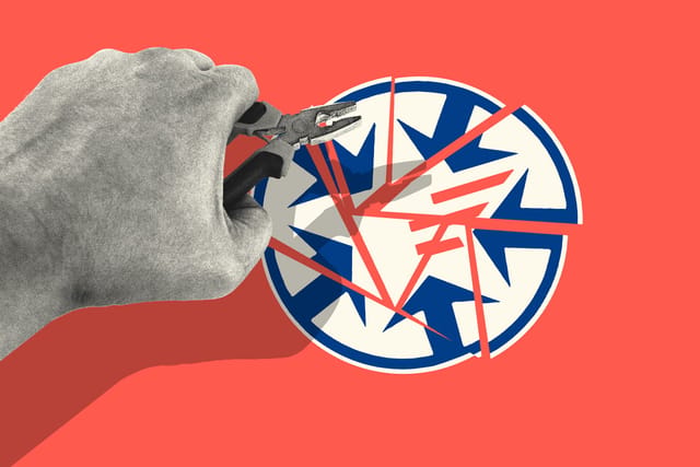 Photo collage. A hand holding pliers hovers ominously above the broken CIGIE logo against a vibrant red background.