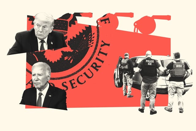Collage of U.S. President Donald Trump and former U.S. President Joe Biden, the Department of Homeland Security logo, and federal agents wearing vests marked "POLICE ICE" and "HSI" approaching a vehicle.