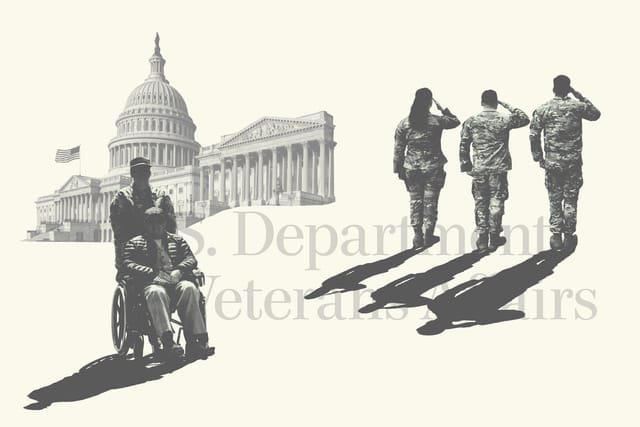 Photo collage. Three soldiers in uniform facing away from the viewer salute; nearby, a soldier pushes a veteran in a wheelchair. Their forms cast long shadows. In the background, the U.S. Department of Veterans Affairs logo and the U.S. Capitol building are visible.