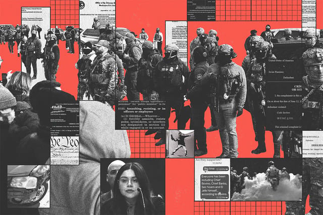 Collage of DHS agents, multiple court documents, the constitution, Marimar Martinez, a wrecked car, and a banner of a guy throwing a sandwich.