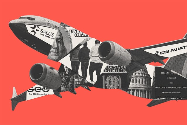 Collage of an airplane, the Salus Worldwide Solutions logo, CSI Aviation logo, GEO logo, ICE agents, money, court documents, and people lined up.