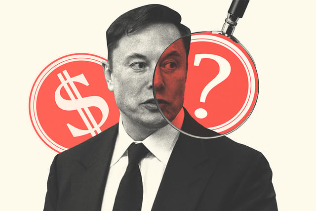 Collage of Elon Musk, the DOGE logo, a magnifying glass and a question mark.