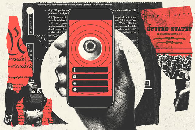 Collage of paper clippings with images of an ICE agent, a detained person, a crowd, a U.S. map, a hand holding a phone. The phone contains images of an eye ball and push notifications.