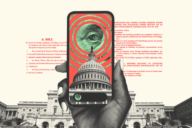 Collage of a hand holding a phone outside of the Capitol building. The phone contains images of the Capitol dome, an eye, and concentric circles around the eye.