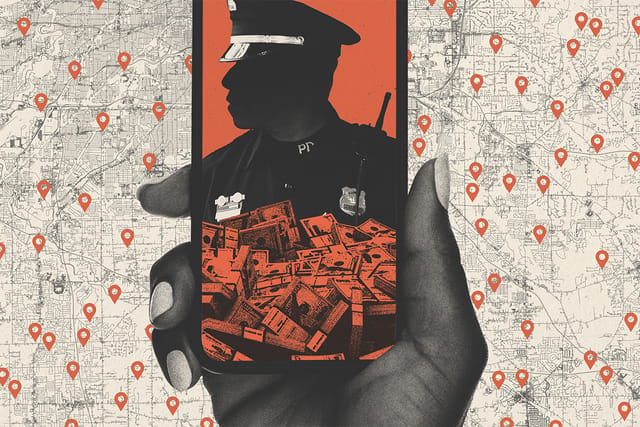 Collage of a city map with multiple location markers in the background and a hand holding a phone in the foreground. The phone displays a police officer and stacks of money.