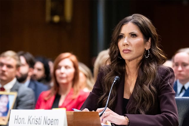 Kristi Noem testifies in the Dirksen Senate Office Building.