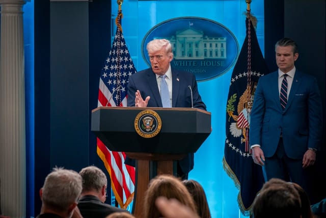 U.S. President Donald Trump speaks to reporters at a briefing on Monday, April 6, 2026 at the White House in Washington, D.C.