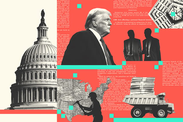 Collage of the Capitol building, U.S. President Donald Trump, obscured men wearing suits, the Pentagon, the U.S. map, a miner, and a mining truck carrying money.