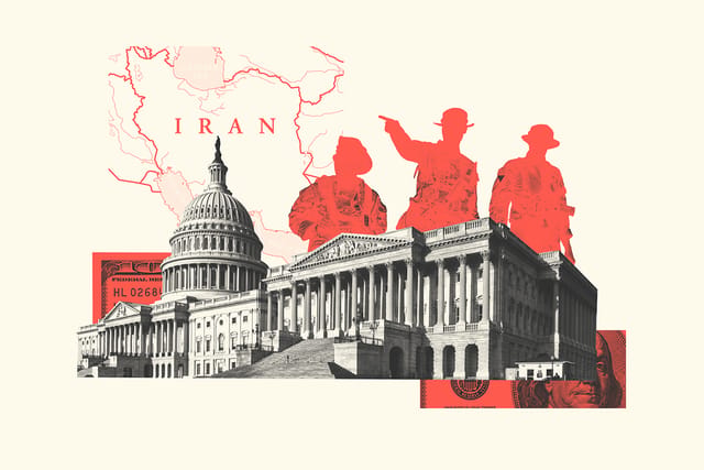 Collage of the Capitol building, money clippings, soldiers, and a map of Iran.