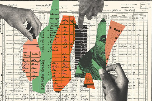 Collage of hands organizing paper clippings. The paper clippings contain images of money, data, and census related documents.
