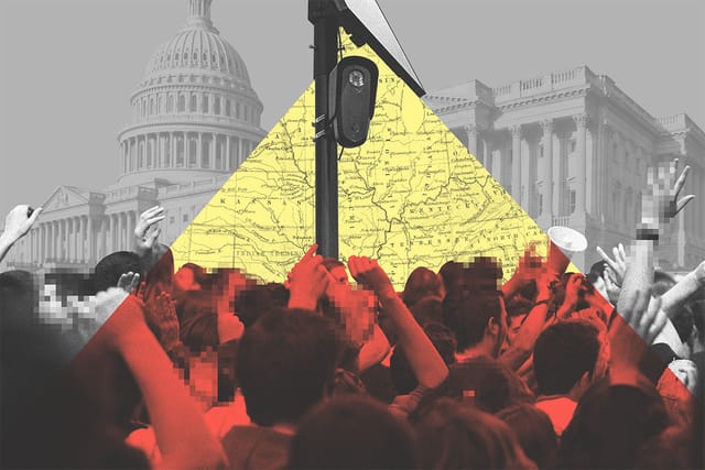 Collage of a crowd protesting, a Flock camera, a clipping of the U.S. map, and the Capitol building.