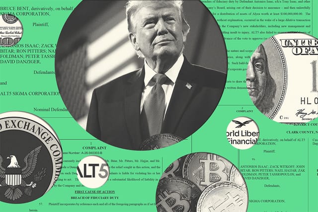 Collage of U.S. President Donald Trump, the SEC logo, cryptocurrency, the ALT5 logo, the WLF logo, and money.