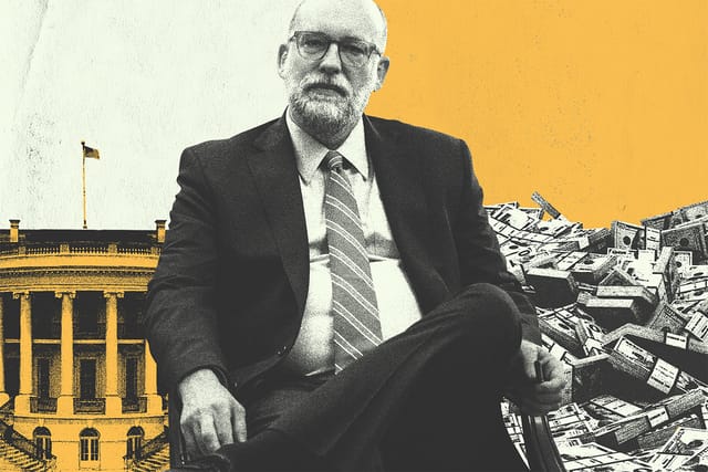 Collage of Director of the Office of Management and Budget Russell Vought, the White House, and stacks of money.
