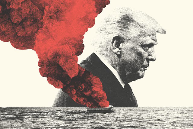 Collage of U.S. President Donald Trump and smoke coming off a boat in the middle of the ocean.