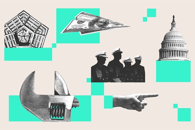 Collage of the Pentagon building, the U.S. Capitol building, a wrench, a money airplane, obscured military generals, and a hand pointing.