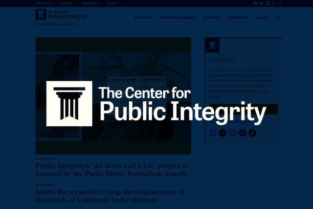 Homepage screenshot of The Center for Public Integrity (CPI) website with a dark blue overlay. CPI's logo is placed on top of the overlay, centered and in white.