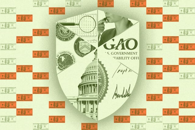 Photo collage. A shield defends against multiple hundred dollar bills, some flagged in orange. The shield, split into six sections, includes photos of a whistleblower, the GAO logo, a clipping of presidential pardons, the U.S. Capitol building, inspector general logos, and a magnifying glass hovering over data.