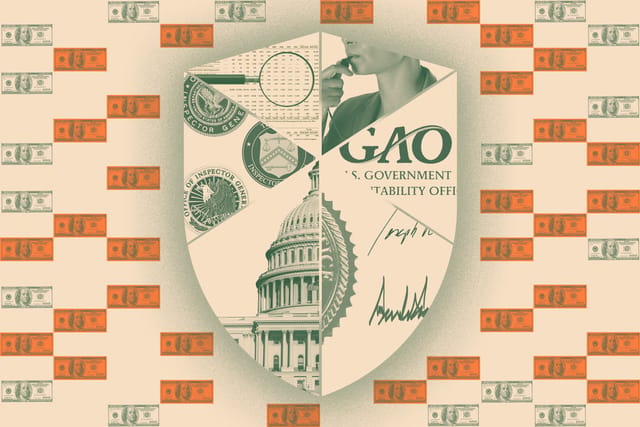 Photo collage. A shield defends against multiple hundred dollar bills, some flagged in orange. The shield, split into six sections, includes photos of a whistleblower, the GAO logo, a clipping of presidential pardons, the U.S. Capitol building, inspector general logos, and a magnifying glass hovering over data.