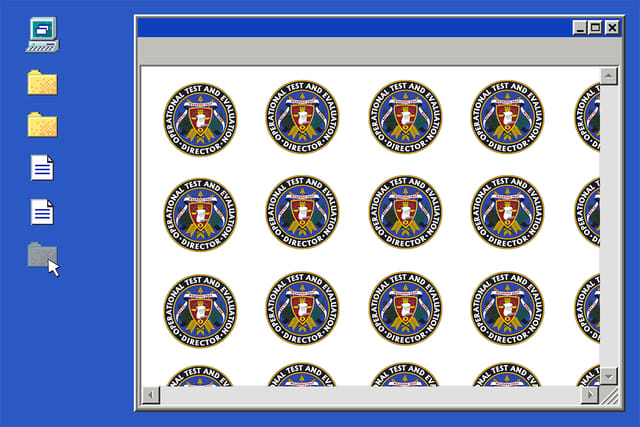 Collage of a retro computer desktop with a computer icon, folders, a cursor on a transparent folder, and a window opened with many DOT&E logos.