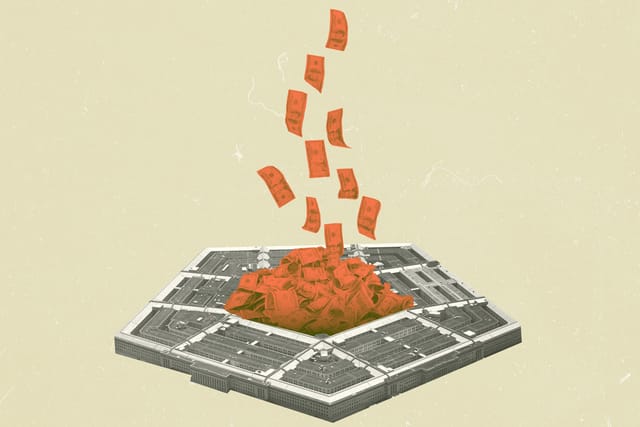 Collage of U.S. dollar bills being dropped into a pile in the middle of the Pentagon building