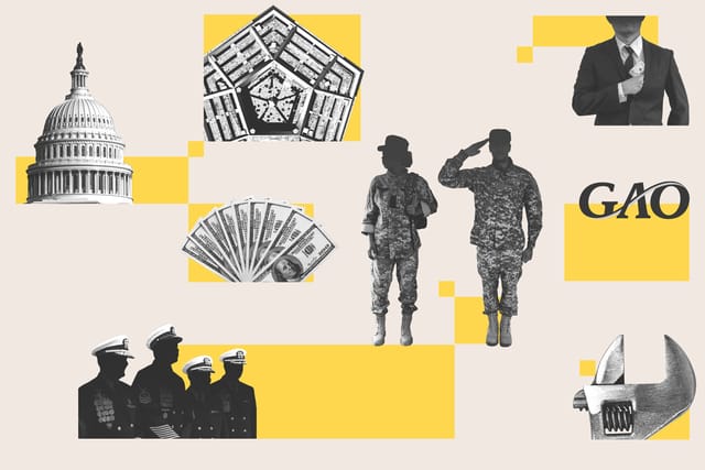 Photo collage of the U.S. Capitol dome, the Pentagon building, hundred dollar bills, a businessman pocketing money, soldiers in uniform, the GAO logo, a wrench, and a crowd of military officers.