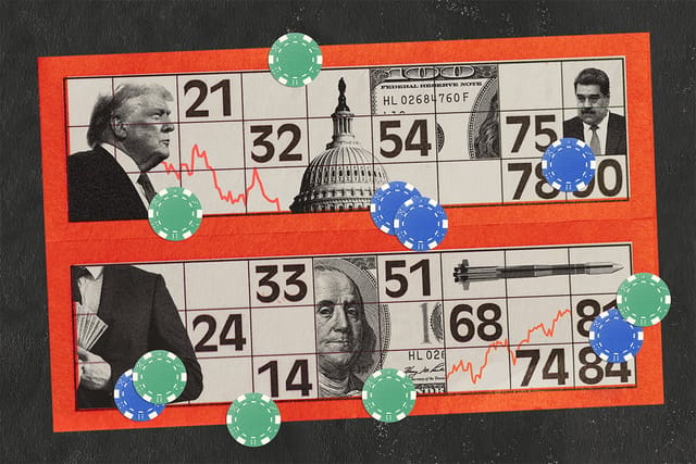Collage of a bingo card containing images of U.S. President Donald Trump, Venezuela's President Nicolas Maduro, the Capitol, money, a missile, a person hiding money, stock trend lines, and gambling chips.