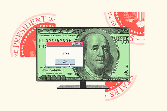 Alt text: Collage of the President's seal and a monitor containing images of money and an error message.
