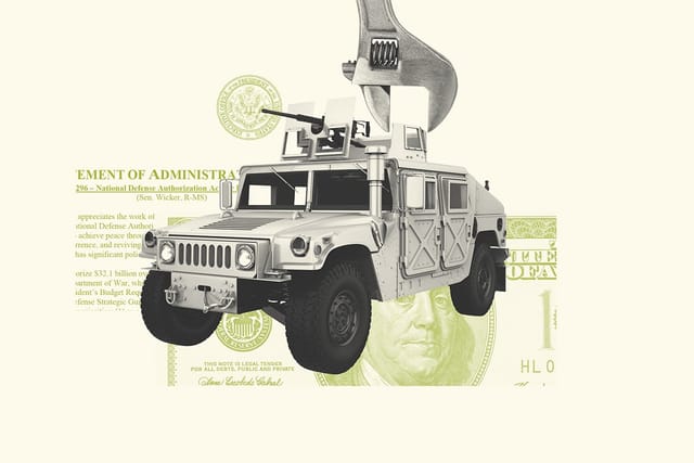 Collage of a military vehicle, a wrench, a clipping of the FY26 NDAA, and money.