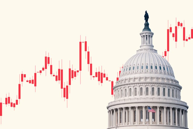 Photo collage of the U.S. Capitol dome with a candlestick stock trading line trending upwards behind it.