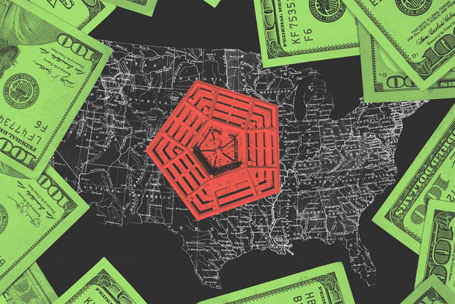 Collage of the U.S. map, the Pentagon, and money.