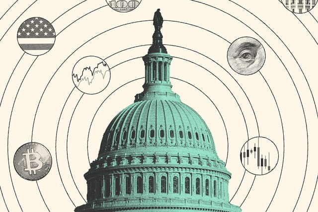 Collage of the Capitol building and circles around it. The circles contain images of stock trend lines, cryptocurrency, money and the U.S. flag.