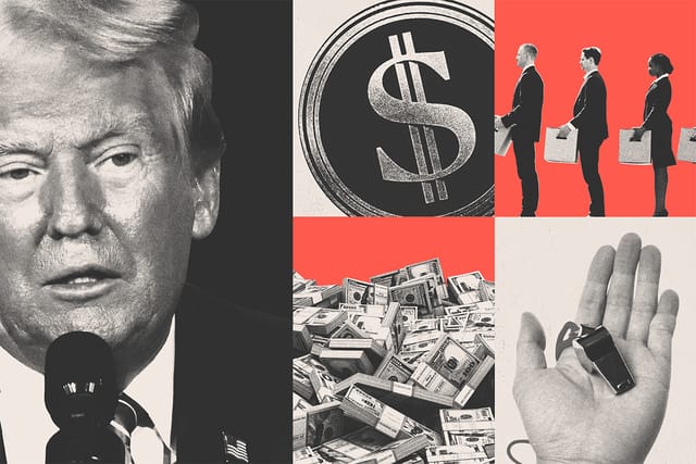 Collage of U.S. President Donald Trump, the DOGE logo, lined up employees holding boxes, stacks of money, and a hand holding a whistle.