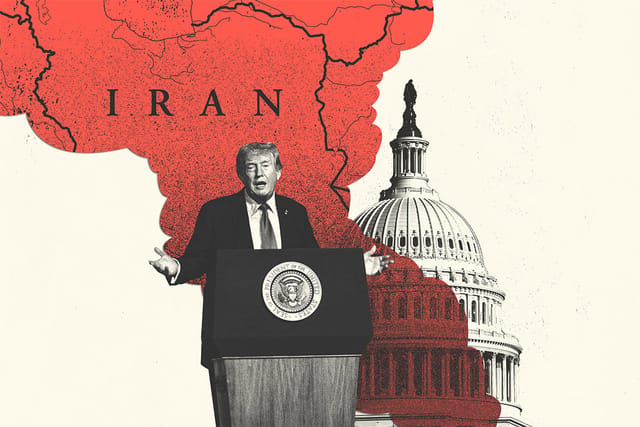 Collage of U.S. President Donald Trump, the Capitol building, and a map of Iran.